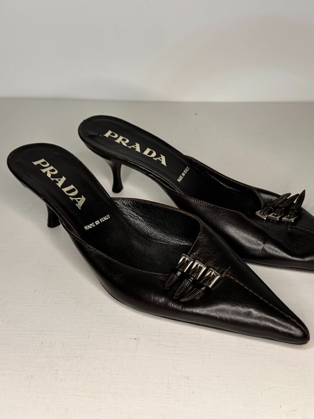 Vintage Prada Brown Leather Triple Strap Kitten Heels Women Size 36